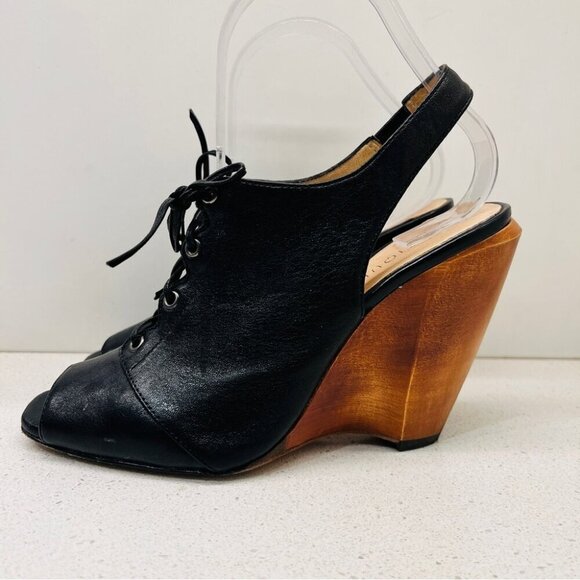 Boutique 9 Lace Up Heels Wood Block Wedge Black Leather Boho Peep Toe Sz 6.5  M - Picture 5 of 14